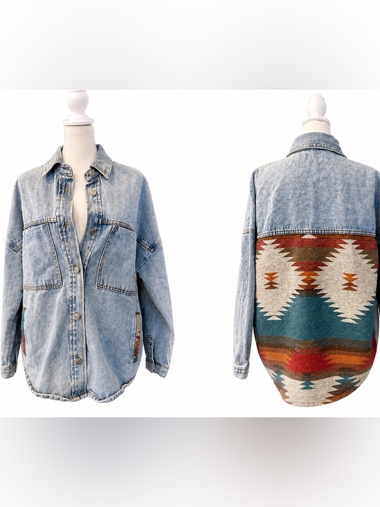 Vervet Jackets & Blazers - Veveret Aztec Southwestern Boho Button Front Washed Denim Jacket Small